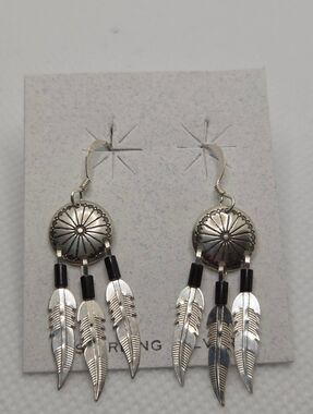 Silver Boho Concho Feather Dangle Earrings - Black Onyx Accents